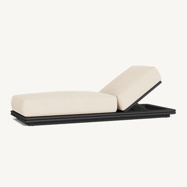 Side angle view of light beige outdoor sun lounger with adjustable backrest and dark aluminum base on white background.