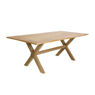 Natural wooden outdoor dining table in a light brown finish featuring a slatted tabletop and X-shaped base.