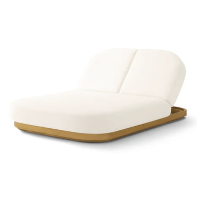 White cushioned sun lounge with brown base.