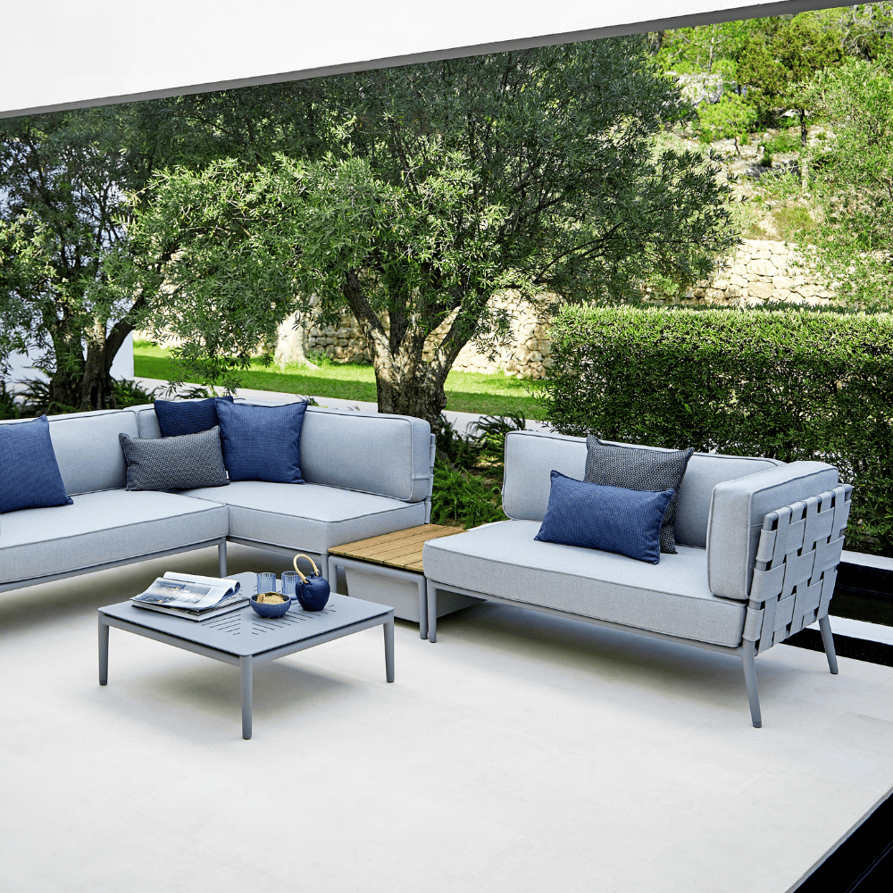 Boxhill's Conic 2-Seater Left Module Sofa Light Grey lifestyle image at patio