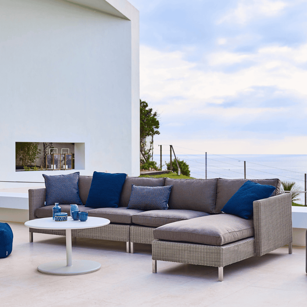 Boxhill's Connect Left Sectional Lounge Chair Taupe Cushion lifestyle image with other module sofa at patio