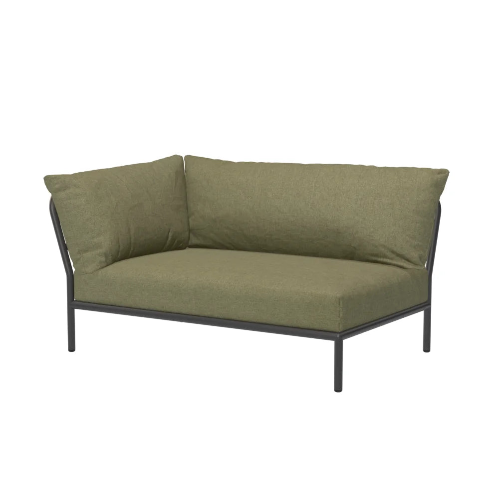 Olive green outdoor sectional sofa left corner with dark gray aluminum frame on a white background