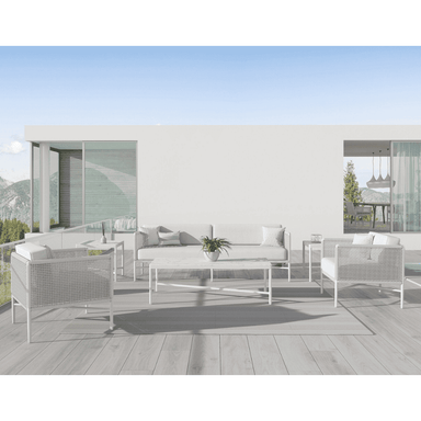 Boxhill's Corsica Outdoor Coffee Table White Marble lifestle with Corsica 3 Seat Outdoor Sofa, Corsica Outdoor Club Chair, and Corsica Side Table