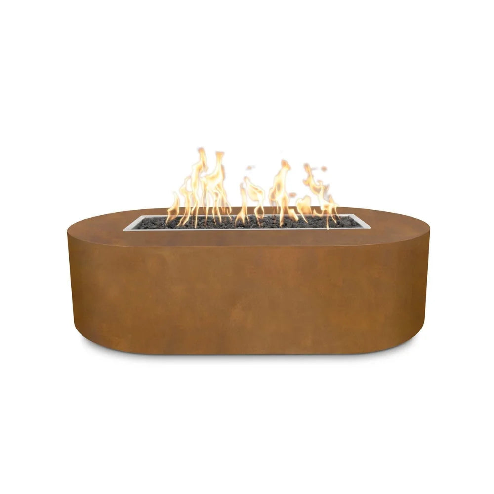 Corten steel oval outdoor metal fire pit with lava rocks and flame on top