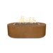 Corten steel oval outdoor metal fire pit with lava rocks and flame on top