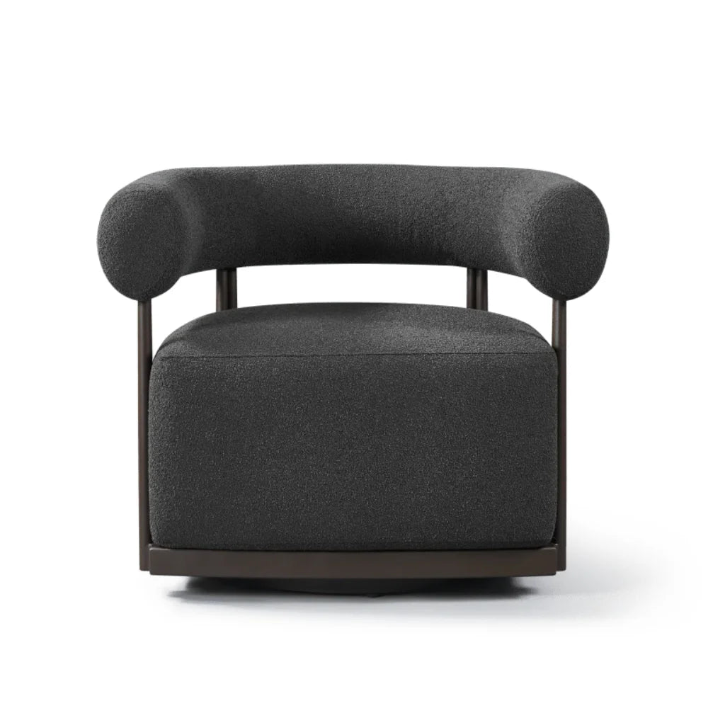 Gray outdoor armchair with curved backrest.
