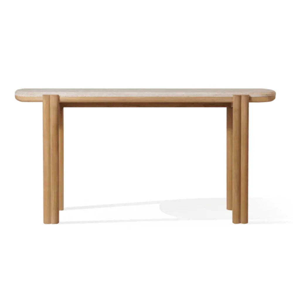 Wooden dining table with a beige marble top