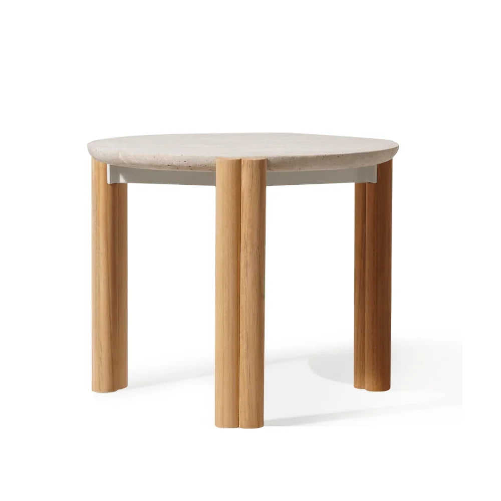 Round outdoor side table with a white marble top and wooden legs.