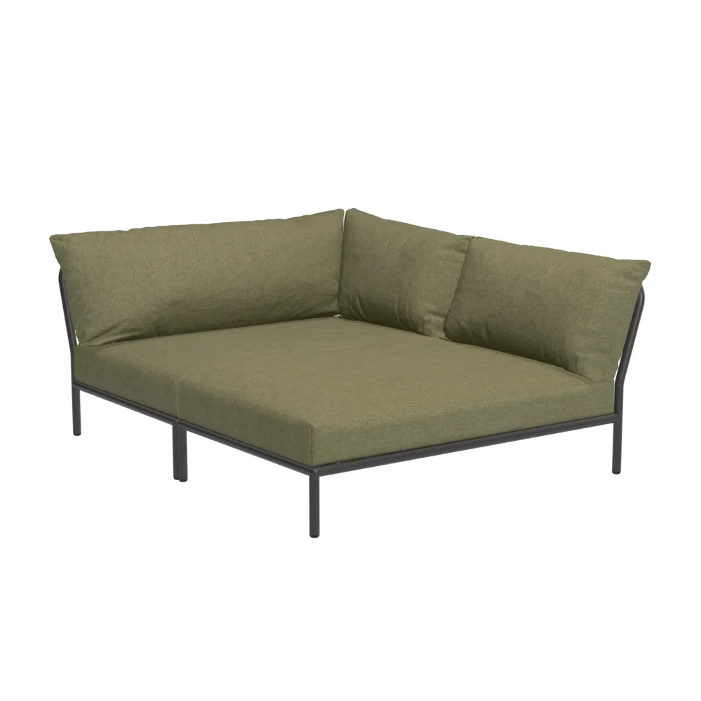 Right-corner outdoor sectional sofa with olive green cushions and dark gray metal base on a white background