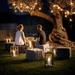 Boxhill's Cube Outdoor Footstool lifestyle image at the garden with 2 people sitting down and candle lights around