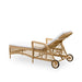 Natural wicker outdoor sunbed with rear wheels and adjustable backrest viewed from the back.