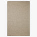 A rectangular beige woven outdoor rug with a textured linen-like surface and short fringe on the top and bottom edges, shown against a plain white background.