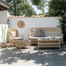 Natural wicker outdoor woven stool with matching armchair, 3-seater sofa and coffee table.