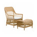 Natural wicker outdoor woven stool with matching armchair in a light tan finish and white seat cushion.