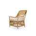 Natural wicker outdoor armchair in a light tan finish viewed from the rear featuring an open woven frame.
