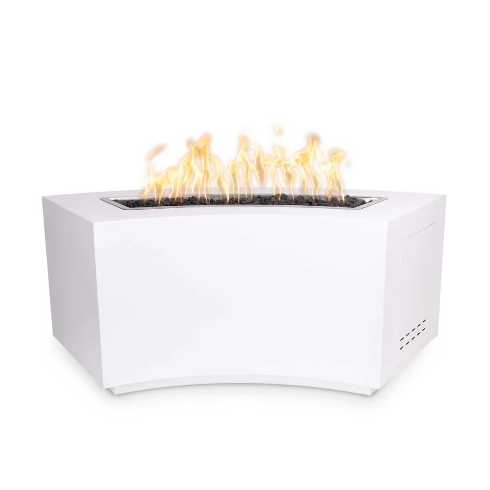 White outdoor metal powdered coated fire pit with a unique design with lava rocks and flames on top