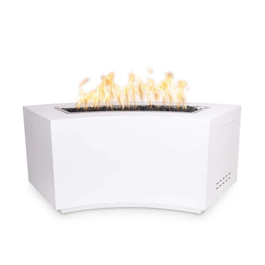 White outdoor metal powdered coated fire pit with a unique design with lava rocks and flames on top