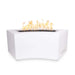 White outdoor metal powdered coated fire pit with a unique design with lava rocks and flames on top