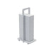 A stack of white rectangular weight plates held upright by a matching white metal rack with a carrying handle, shown on a plain white background.