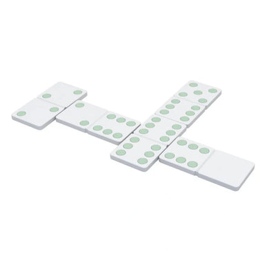 A set of white domino tiles with light green pips arranged in a cross-like pattern on a plain white background.