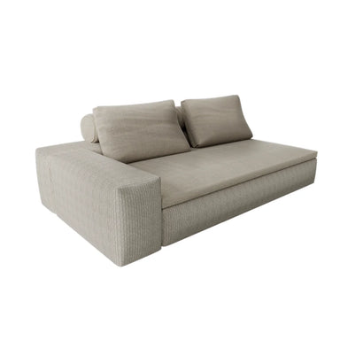 Light beige outdoor sectional corner sofa with single left armrest on a white background
