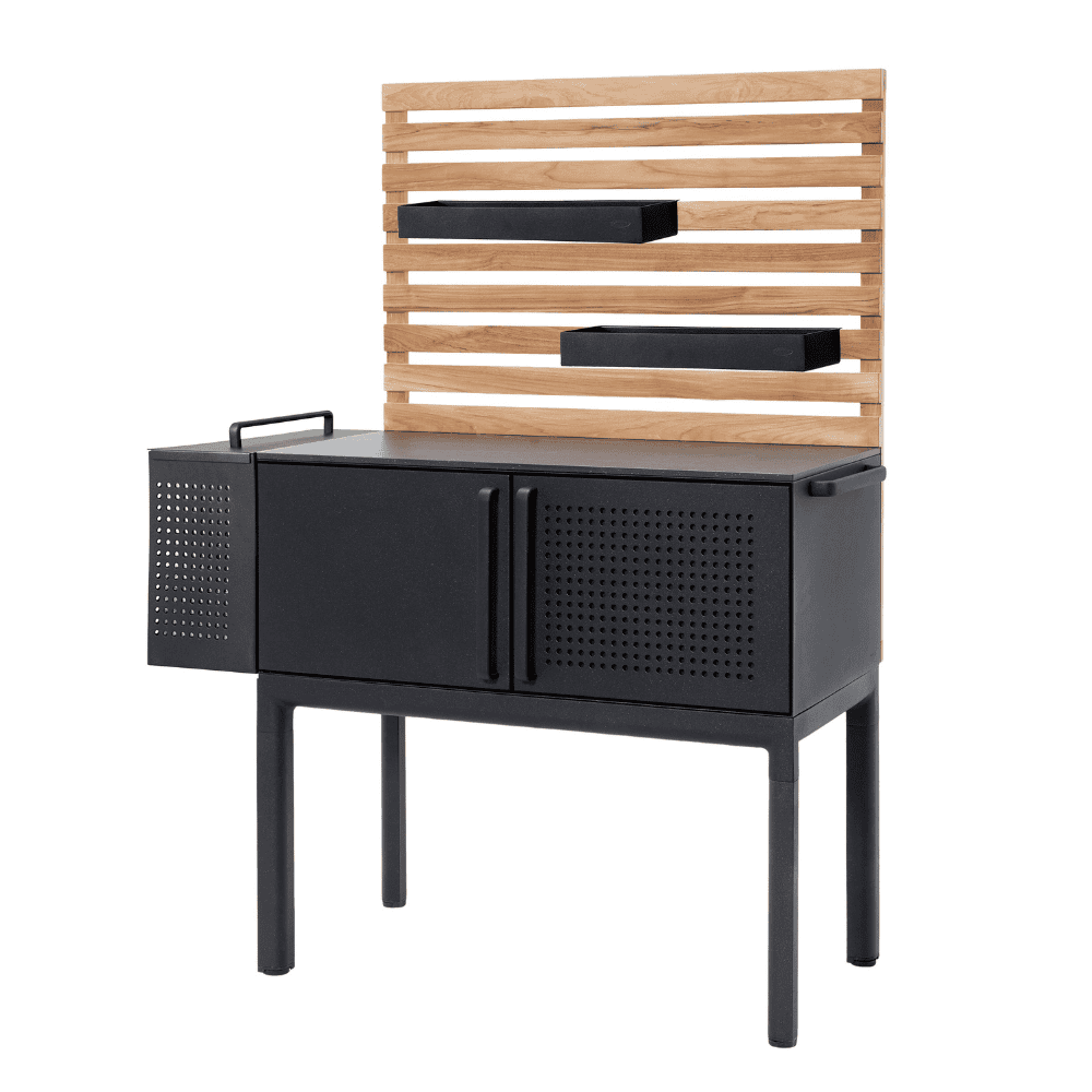 Boxhill's Drop Outdoor Kitchen Module Single with 2 Shelves and Teak Wall front side view in white background