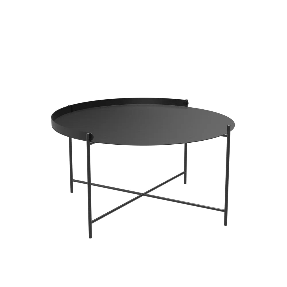 Modern black metal round outdoor tray table on a pure white background