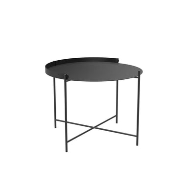 Black metal round outdoor tray table on a white background