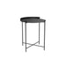 Modern black metal round outdoor tray table on a white background