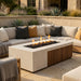 Outdoor patio with a rectangular concrete fire pit with an element of teak slats and comfortable seating area.