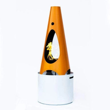 Orange cone-shaped outdoor metal fire pit with visible flame inside placed over a white outdoor propane tank cover