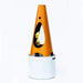 Orange cone-shaped outdoor metal fire pit with visible flame inside placed over a white outdoor propane tank cover