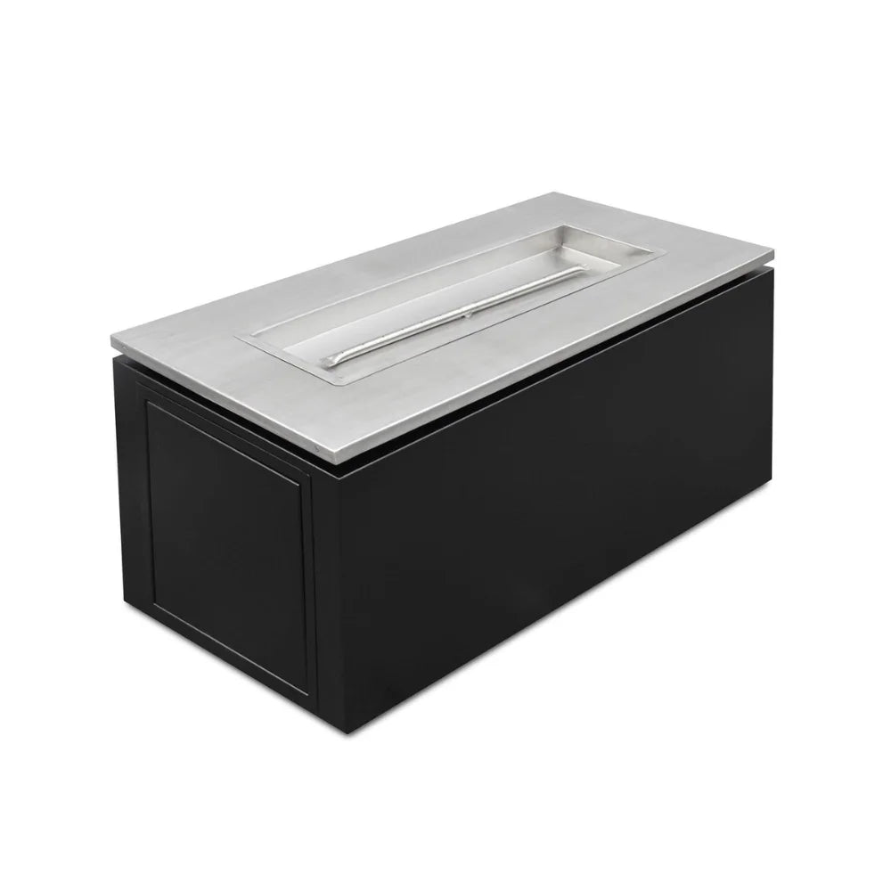 Black rectangular outdoor metal powdered coated fire pit table with stainless steel top