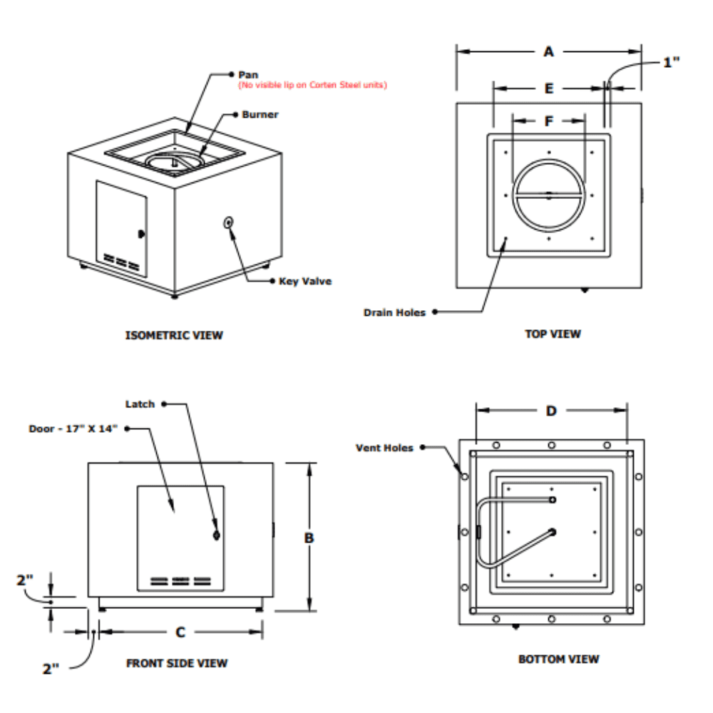 Forma Cube Metal Powder Coated Fire Pit Specs