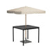 Square black metal outdoor dining table with mounted with beige outdoor umbrella with wooden pole