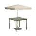 Square green aluminum outdoor dining table mounted with beige patio umbrella with wooden pole