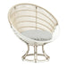 White rattan outdoor sun chair with a white cushion featuring a curved woven back and pedestal base.