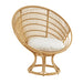 Natural rattan outdoor sun chair with a white cushion featuring a curved woven back and pedestal base.