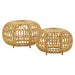 Natural wicker outdoor ottomans in a light tan finish featuring open woven frames and rounded silhouettes.