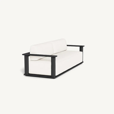 Rectangular upholstered sofa in white with a black frame and sleek legs, designed for comfortable outdoor lounging