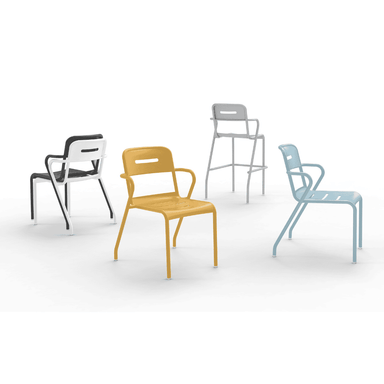 Set of stackable outdoor dining chairs and a bar stool in various colors, displayed on a white background