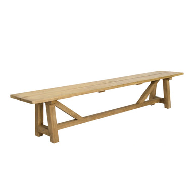 Natural wooden outdoor bench in a light brown finish with angled legs and a slatted rectangular seat.