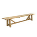 Natural wooden outdoor bench in a light brown finish with angled legs and a slatted rectangular seat.