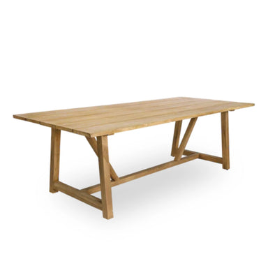 Natural wooden outdoor dining table with a rectangular plank top and angled legs in a light brown finish.