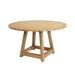 Natural wooden outdoor round dining table with a slatted top, central umbrella hole and four-legged base.