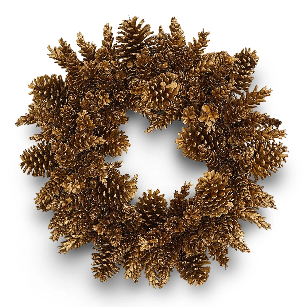 Handmade gold pinecone wreath with a radiant finish, crafted from natural pinecones