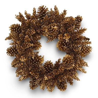 Handmade gold pinecone wreath with a radiant finish, crafted from natural pinecones.