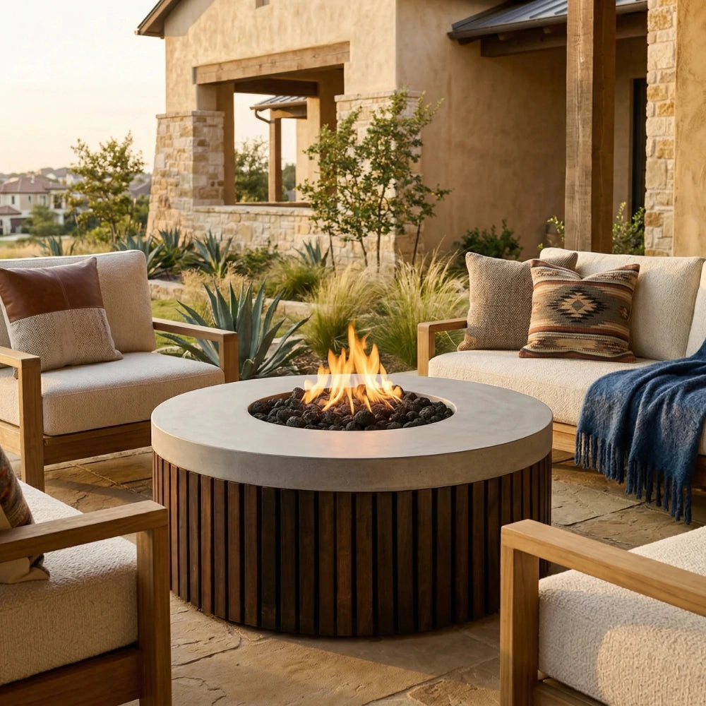 A round outdoor fire pit table with a concrete top and dark wood slatted base, lit with a visible flame, placed in a patio seating area with upholstered chairs, a sofa, pillows, plants, and a stucco house in the background.