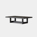 A modern aluminum frame coffee table with a black ceramic table top surface and a square base design.