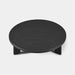 A sleek black aluminum coffee table with a round surface, perfect for contemporary home decor. Top view.